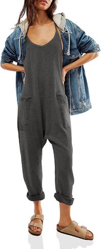 Cicy Bell Women's Casual Sleeveless Waffle Jumpsuits Loose Knit Spaghetti Strap Romper Long Pants with Pockets in Saudi Arabia