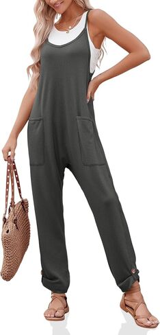Cicy Bell Women's Casual Sleeveless Waffle Jumpsuits Loose Knit Spaghetti Strap Romper Long Pants with Pockets in Saudi Arabia