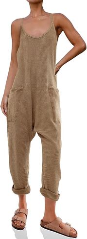 Cicy Bell Women's Casual Sleeveless Waffle Jumpsuits Loose Knit Spaghetti Strap Romper Long Pants with Pockets in Saudi Arabia