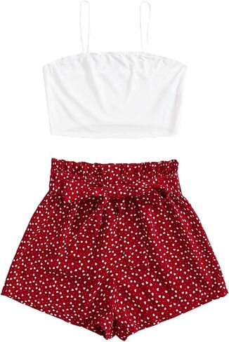Floerns Women's Summer V Neck Cami Crop Top and Floral Print Belted Shorts Set in Saudi Arabia