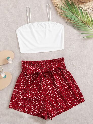 Floerns Women's Summer V Neck Cami Crop Top and Floral Print Belted Shorts Set in Saudi Arabia
