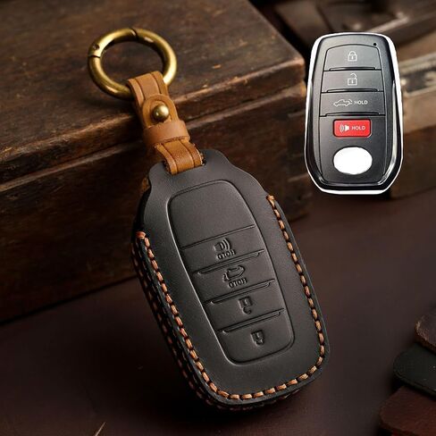 Premium Leather 4-Button Key Fob Cover Case with Keychain Compatible with Toyota Tundra Venza Corolla 2021 2022 2023 2024 (Black) in Saudi Arabia