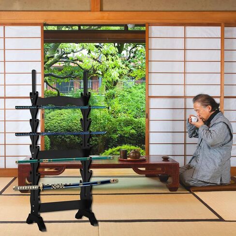 uyoyous 16 طبقة عرض السيف، حامل أرضي مزدوج الجانب، حامل عرض سيف الساموراي الخشبي، حامل سيف كاتانا الأسود للسيوف، ونوادي جلوف، وقضبان الأسماك in Kuwait