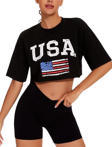 BEGOING America Flag Crop Tops Women 4th of July Patriotic Shirts Oversized 2 Piece Short Matching Workout Set Outfits in Saudi Arabia