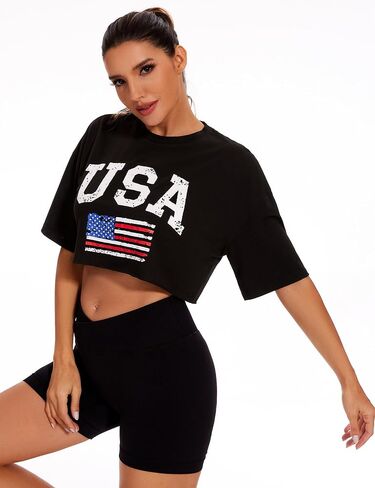 BEGOING America Flag Crop Tops Women 4th of July Patriotic Shirts Oversized 2 Piece Short Matching Workout Set Outfits in Saudi Arabia