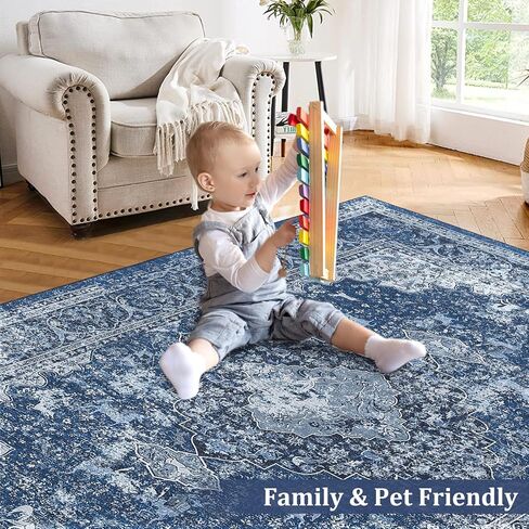 Small Area Rug 2x3 Washable Entryway Doormat Vintage Area Rug Boho Distressed Rug Indoor Floor Carpet Accent Rug for Living Room Bedroom Kitchen, Blue in Kuwait