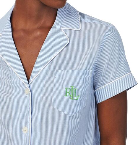 Lauren Ralph Lauren Short Sleeve Notch Collar Boxer PJ Set Blue Stripe XL (US 16-18) in Saudi Arabia