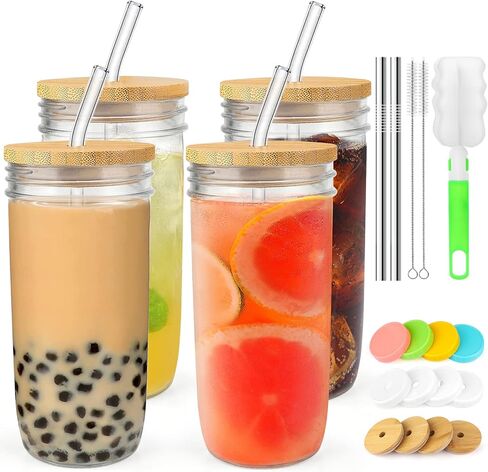 4 Pack Glass Cups Set - 24oz Mason Jar with Bamboo Lids and Glass Straw & 12 Airtight Lids, Brush - Glass Drinking Cups, Reusable Travel Tumbler Bottle for Iced Coffee, Smoothie, Bubble Tea, Gift in Saudi Arabia