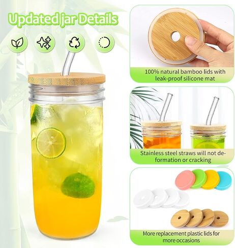 4 Pack Glass Cups Set - 24oz Mason Jar with Bamboo Lids and Glass Straw & 12 Airtight Lids, Brush - Glass Drinking Cups, Reusable Travel Tumbler Bottle for Iced Coffee, Smoothie, Bubble Tea, Gift in Saudi Arabia