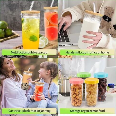 4 Pack Glass Cups Set - 24oz Mason Jar with Bamboo Lids and Glass Straw & 12 Airtight Lids, Brush - Glass Drinking Cups, Reusable Travel Tumbler Bottle for Iced Coffee, Smoothie, Bubble Tea, Gift in Saudi Arabia