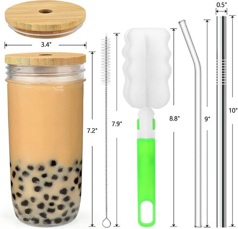 4 Pack Glass Cups Set - 24oz Mason Jar with Bamboo Lids and Glass Straw & 12 Airtight Lids, Brush - Glass Drinking Cups, Reusable Travel Tumbler Bottle for Iced Coffee, Smoothie, Bubble Tea, Gift in Saudi Arabia