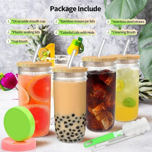 4 Pack Glass Cups Set - 24oz Mason Jar with Bamboo Lids and Glass Straw & 12 Airtight Lids, Brush - Glass Drinking Cups, Reusable Travel Tumbler Bottle for Iced Coffee, Smoothie, Bubble Tea, Gift in Saudi Arabia