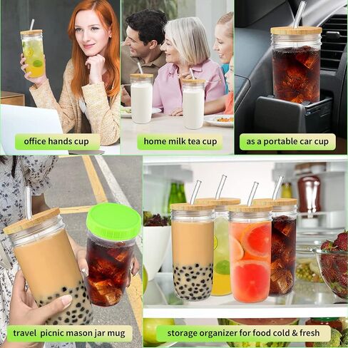 4 Pack Glass Cups Set - 24oz Mason Jar with Bamboo Lids and Glass Straw & 12 Airtight Lids, Brush - Glass Drinking Cups, Reusable Travel Tumbler Bottle for Iced Coffee, Smoothie, Bubble Tea, Gift in Saudi Arabia