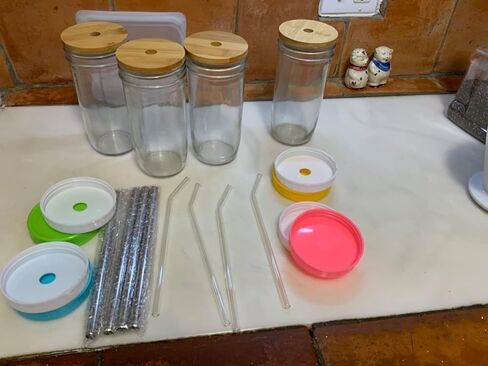 4 Pack Glass Cups Set - 24oz Mason Jar with Bamboo Lids and Glass Straw & 12 Airtight Lids, Brush - Glass Drinking Cups, Reusable Travel Tumbler Bottle for Iced Coffee, Smoothie, Bubble Tea, Gift in Saudi Arabia