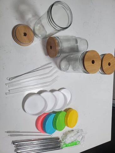 4 Pack Glass Cups Set - 24oz Mason Jar with Bamboo Lids and Glass Straw & 12 Airtight Lids, Brush - Glass Drinking Cups, Reusable Travel Tumbler Bottle for Iced Coffee, Smoothie, Bubble Tea, Gift in Saudi Arabia