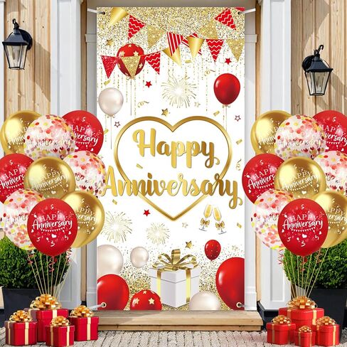 Red Gold Anniversary Party Decorations Happy Anniversary Door Cover Banner and 18Pcs Red Gold Happy Anniversary Balloons Anniversary Backdrop Background for Wedding Anniversary Party Supplies in Saudi Arabia