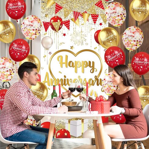 Red Gold Anniversary Party Decorations Happy Anniversary Door Cover Banner and 18Pcs Red Gold Happy Anniversary Balloons Anniversary Backdrop Background for Wedding Anniversary Party Supplies in Saudi Arabia