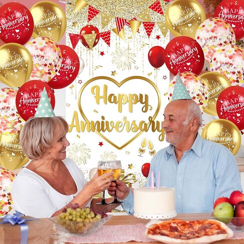 Red Gold Anniversary Party Decorations Happy Anniversary Door Cover Banner and 18Pcs Red Gold Happy Anniversary Balloons Anniversary Backdrop Background for Wedding Anniversary Party Supplies in Saudi Arabia