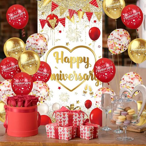 Red Gold Anniversary Party Decorations Happy Anniversary Door Cover Banner and 18Pcs Red Gold Happy Anniversary Balloons Anniversary Backdrop Background for Wedding Anniversary Party Supplies in Saudi Arabia