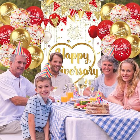 Red Gold Anniversary Party Decorations Happy Anniversary Door Cover Banner and 18Pcs Red Gold Happy Anniversary Balloons Anniversary Backdrop Background for Wedding Anniversary Party Supplies in Saudi Arabia