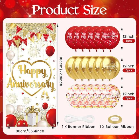 Red Gold Anniversary Party Decorations Happy Anniversary Door Cover Banner and 18Pcs Red Gold Happy Anniversary Balloons Anniversary Backdrop Background for Wedding Anniversary Party Supplies in Saudi Arabia