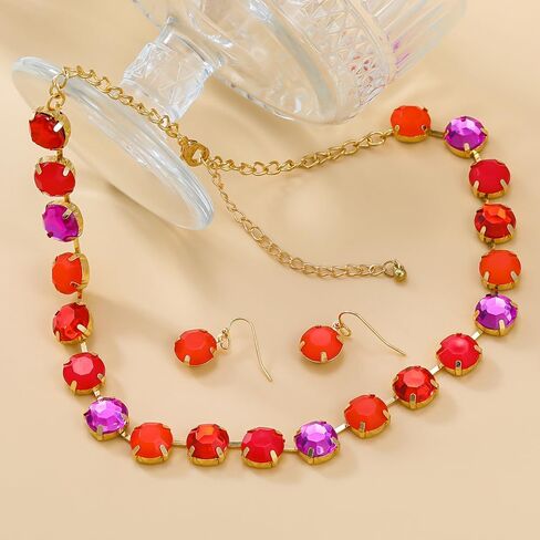 fxmimior Fashion Prom Shinny Full Rhinestones Choker Necklace Earrings Set Dainty Sexy Body Chain Choker Necklace Dainty Halloween Christmas Red Blue Green Crystals Necklace Earrings Jewelry Set for Women in Kuwait