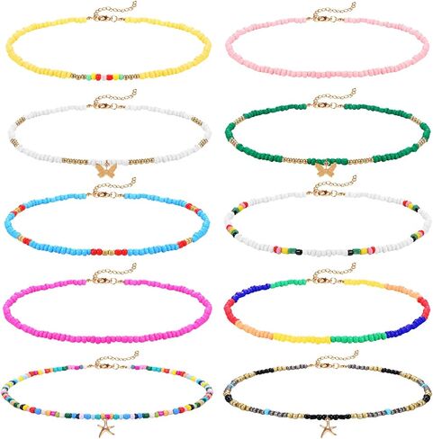 Honsny 10 قطع بوهو مطرز قلادة المختنق للنساء الفتيات، البذور الملونة الخرزة القلائد الصيف قلادة المجوهرات in Kuwait