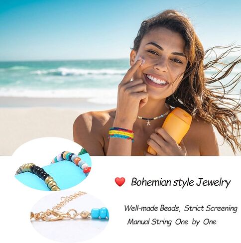 Honsny 10 قطع بوهو مطرز قلادة المختنق للنساء الفتيات، البذور الملونة الخرزة القلائد الصيف قلادة المجوهرات in Kuwait