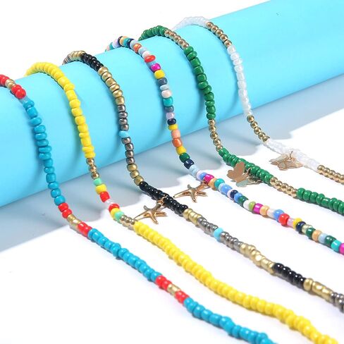 Honsny 10 قطع بوهو مطرز قلادة المختنق للنساء الفتيات، البذور الملونة الخرزة القلائد الصيف قلادة المجوهرات in Kuwait