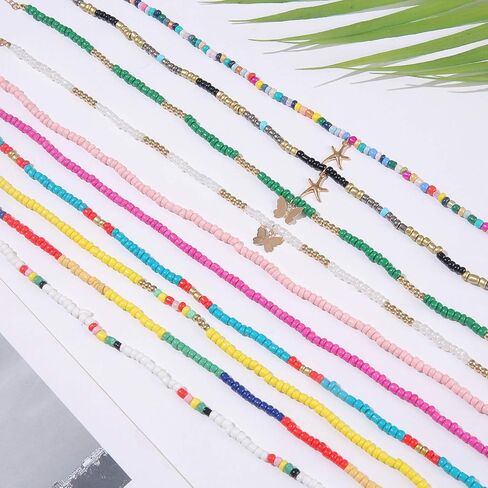 Honsny 10 قطع بوهو مطرز قلادة المختنق للنساء الفتيات، البذور الملونة الخرزة القلائد الصيف قلادة المجوهرات in Kuwait