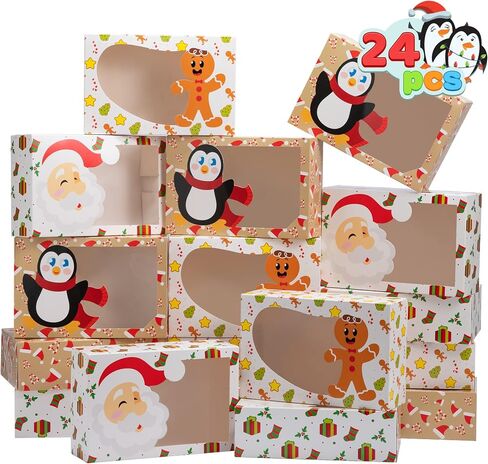 JOYIN 24 Pcs Christmas Cookie Boxes with Window, 8.5" x 5.8" x 2.8" Kraft Treat Bakery Gift Warpping Box for Xmas Holiday Party Favor Pastries, Cupcakes, Cookies Donuts Gift-Giving, 3 Designs in Saudi Arabia