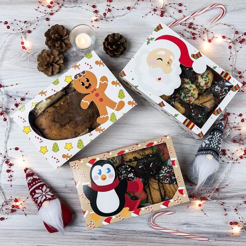 JOYIN 24 Pcs Christmas Cookie Boxes with Window, 8.5" x 5.8" x 2.8" Kraft Treat Bakery Gift Warpping Box for Xmas Holiday Party Favor Pastries, Cupcakes, Cookies Donuts Gift-Giving, 3 Designs in Saudi Arabia