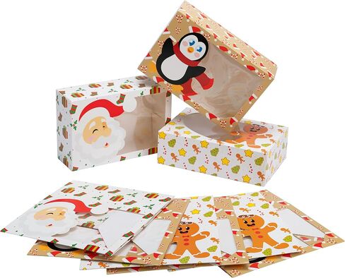 JOYIN 24 Pcs Christmas Cookie Boxes with Window, 8.5" x 5.8" x 2.8" Kraft Treat Bakery Gift Warpping Box for Xmas Holiday Party Favor Pastries, Cupcakes, Cookies Donuts Gift-Giving, 3 Designs in Saudi Arabia