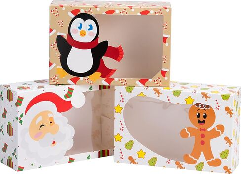 JOYIN 24 Pcs Christmas Cookie Boxes with Window, 8.5" x 5.8" x 2.8" Kraft Treat Bakery Gift Warpping Box for Xmas Holiday Party Favor Pastries, Cupcakes, Cookies Donuts Gift-Giving, 3 Designs in Saudi Arabia
