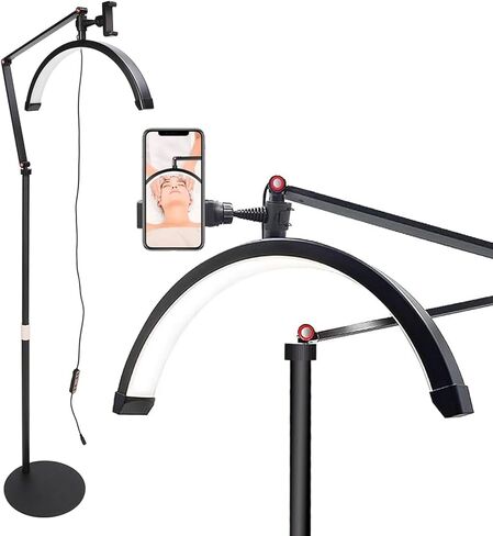 رمش LED ضوء أرضي قابل للتعديل للتدوير مصباح نصف القمر لإضاءة تمديد الرموش للتجميل والعناية بالبشرة والحواجب والوشم مع حامل هاتف للوجه وصالونات التجميل (أبيض) in Kuwait