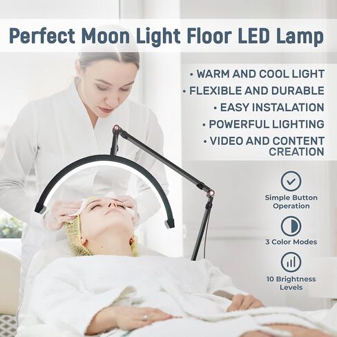 رمش LED ضوء أرضي قابل للتعديل للتدوير مصباح نصف القمر لإضاءة تمديد الرموش للتجميل والعناية بالبشرة والحواجب والوشم مع حامل هاتف للوجه وصالونات التجميل (أبيض) in Kuwait