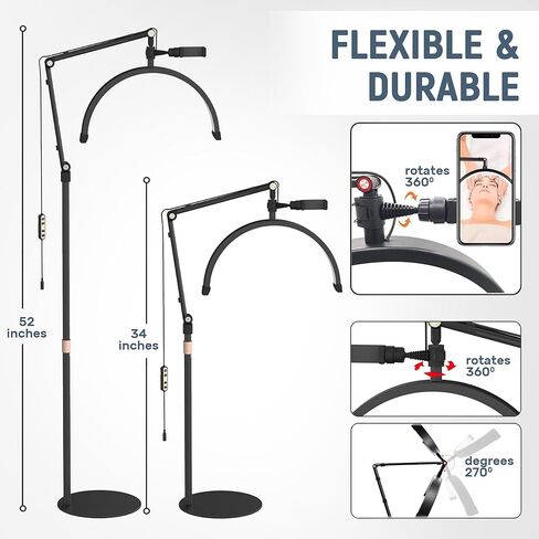 رمش LED ضوء أرضي قابل للتعديل للتدوير مصباح نصف القمر لإضاءة تمديد الرموش للتجميل والعناية بالبشرة والحواجب والوشم مع حامل هاتف للوجه وصالونات التجميل (أبيض) in Kuwait