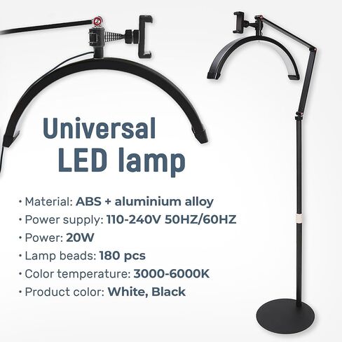رمش LED ضوء أرضي قابل للتعديل للتدوير مصباح نصف القمر لإضاءة تمديد الرموش للتجميل والعناية بالبشرة والحواجب والوشم مع حامل هاتف للوجه وصالونات التجميل (أبيض) in Kuwait