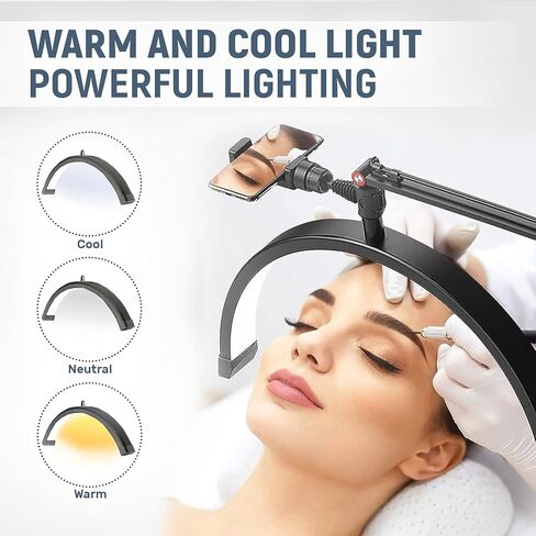 رمش LED ضوء أرضي قابل للتعديل للتدوير مصباح نصف القمر لإضاءة تمديد الرموش للتجميل والعناية بالبشرة والحواجب والوشم مع حامل هاتف للوجه وصالونات التجميل (أبيض) in Kuwait
