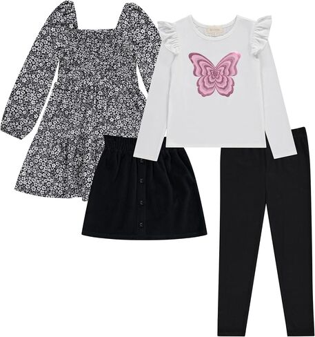 BTween Girls' 4-Pack Fall Outfit: Dress, Skirt, Tee, Leggings, Cotton Blend, Sizes 4-12 in Saudi Arabia