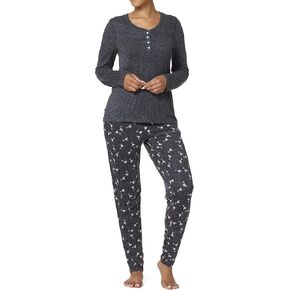 HUE Women's Textured Rib Henley Long Sleeve Tee and Jogger Pant 2 Piece Pajama Set