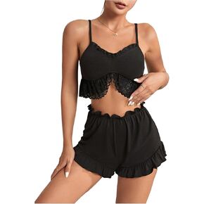 SweatyRocks Women's 2 Piece Pajamas Sets Ruffle Hem Lace Cami Top and Shorts Sleepwear
