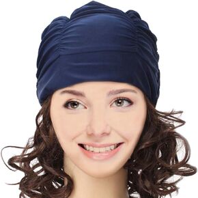 Honbay Pleated Swimming Cap Long Hair Swim Cap Bathing Cap, Non-waterproof (Navy Blue)