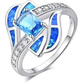 CiNily Rhodium Plated Blue Fire Opal Aquamarine for Women Jewelry Gemstone Ring Size 5-12