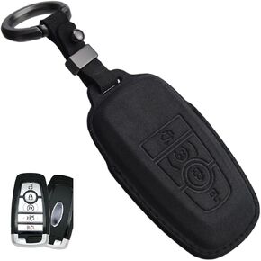 Leather Key Fob Cover + Keychain compatible with Ford Mustang Mach Fusion F150 F250 Explorer Lincoln