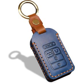 OLLEN Screws-Free Genuine Leather Key Fob Cover, Fit for Honda Accord Civic CRV Pilot Odyssey Passport 2015-2021,etc, Leather Smart Remote Key Protector, 5 Buttons, Blue