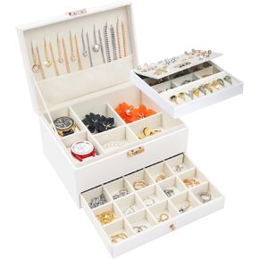 3 Layers Jewelry Boxes for Women, Large Jewelry Organizer with Drawer, Jewelry Organizers and Storage for Earring, Ring, Necklace, Bracelets, Lockable Removable Jewelery Tray Gifts for Women (Green)