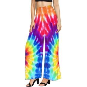 Colorful Tie Dye Women's Soft Palazzo Wide Leg Pant, Color Hippy Style Art Casual Flowy Pants Plus Size Yoga Leggings Loose Fit Lounge Pants