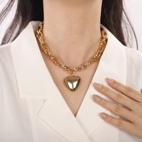 Gold Heart Pendent Necklace Chunky Heart Chain Necklace for Women Dainty Gold Necklace Gifts Heart Initial Necklaces for Girls Valentine's Gifts