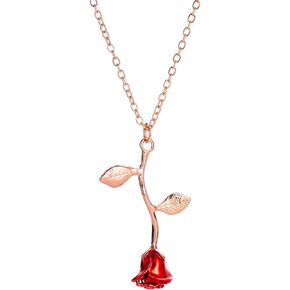 Red Rose Flower Pendant Necklace for Women Girls Gold Silver Plated 3D Vintage Elegant Romantic Enamel Red Flowers Leaf Chain Necklace for Valentine's Day Anniversary Birthday Trendy Jewelry Gifts
